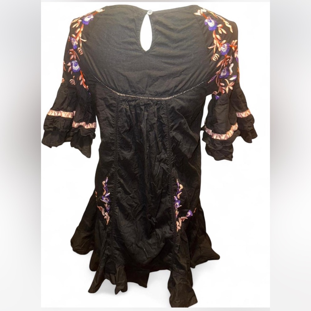 Free People Women's Size Small Black Dress Ruffles Floral Embroidered Boho - Picture 5 of 5